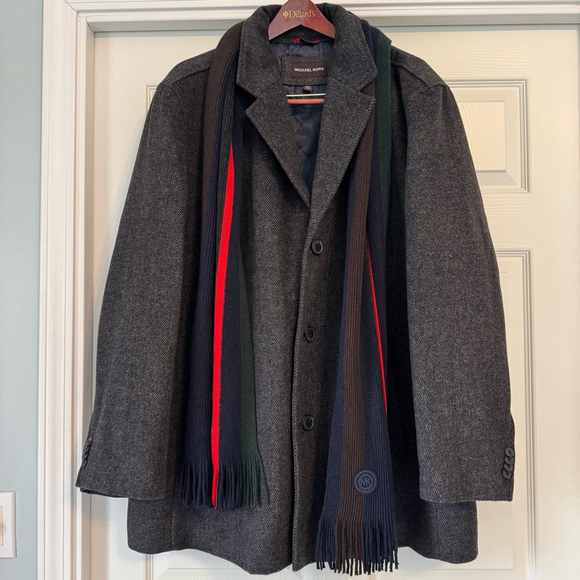 Men's Michael Kors Charcoal Gray Wool Blend Car Coat Overcoat XXL Striped Scarf - Picture 1 of 16